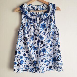 Boden Floral Print Tank Top US 8 White Blue Cotton Sleeveless Blouse w Pom Poms